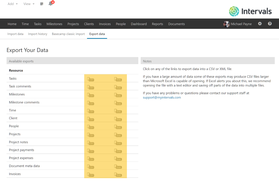 Export Data in CSV or XML