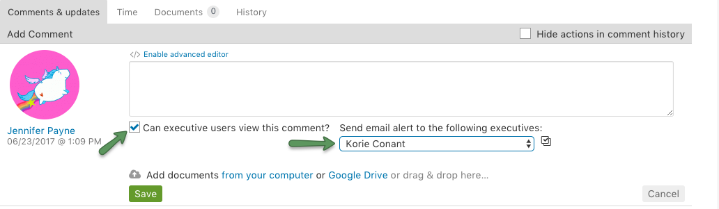 Allow executive user to view comment and send email