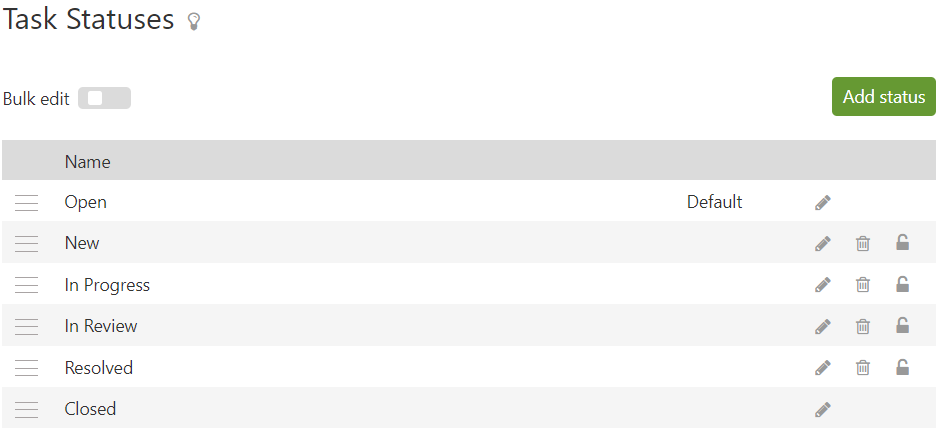 Screenshot showing a list of statuses for tracking bugs