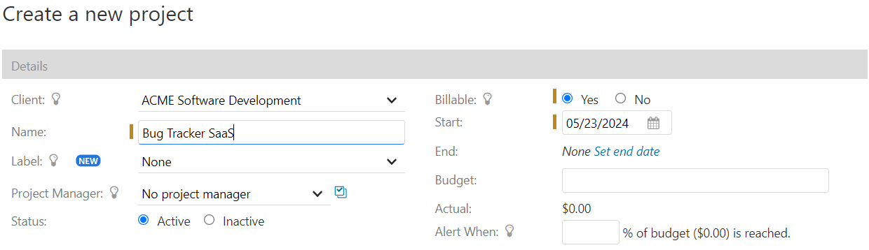 Screenshot showing the project creation page