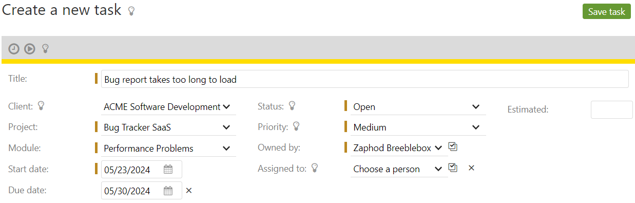 Screenshot showing the page for documenting a new bug