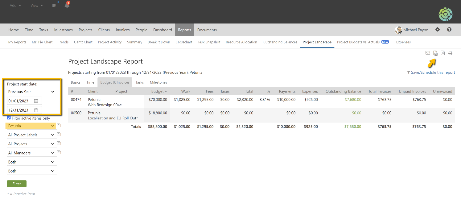 Project Landscape Report Date Range