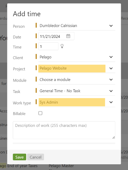 Add Time Work Type Selected